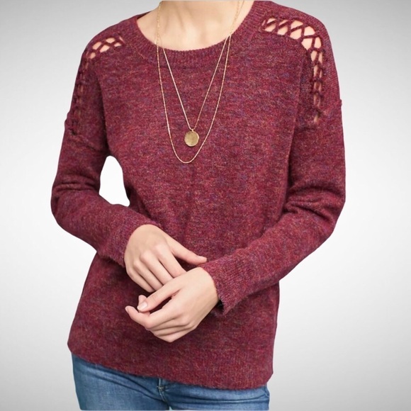 Heartloom Anthropologie Sweater Lattice Shoulder Design Red Size Large - Picture 1 of 11